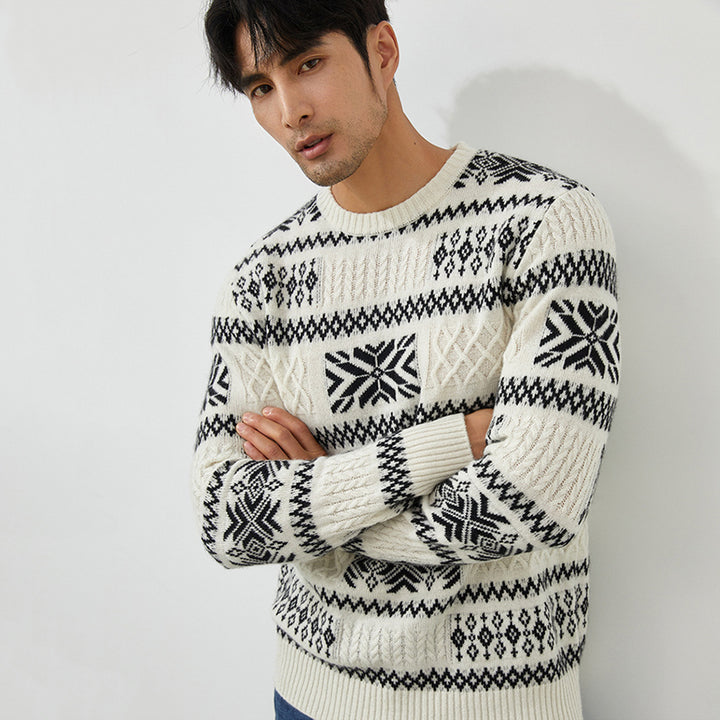 Men's Fair Isle Knit 100% Cashmere Sweater Black & White Patterned Crewneck Pullover