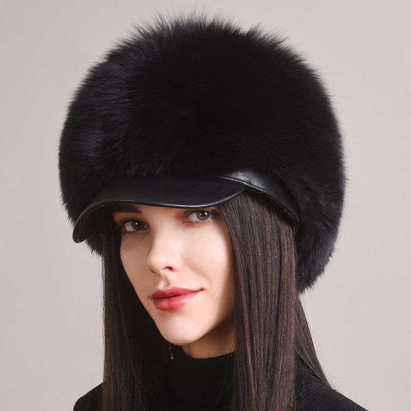 Luxury Real Fox Fur Hat with Leather Visor Elegant Winter Fur Cap for Women