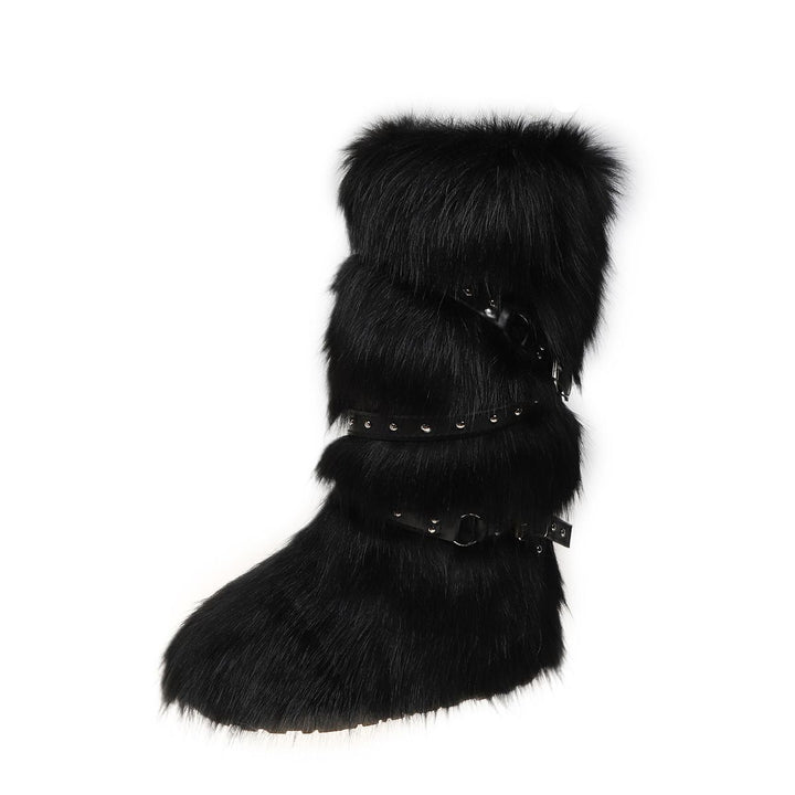 Womens Faux Fur Boot Winter Fluffy Long Furry Boots for Girls Outdoor Fuzzy Knee-High Sexy Snow Boots with Cross Straps and Buckle