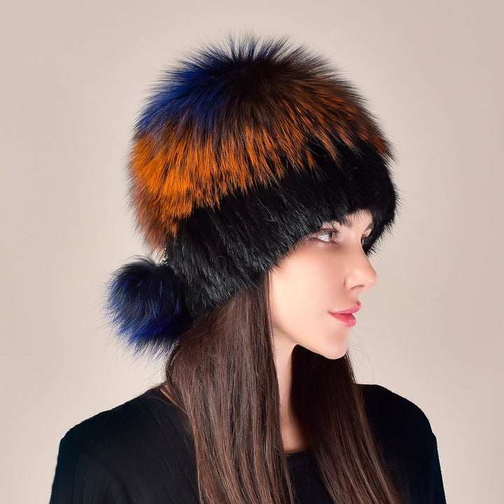 Mink Fur Knitted Winter Hat for Women with Multi-Colored Fluffy Fox Fur Crown and Pom-Poms