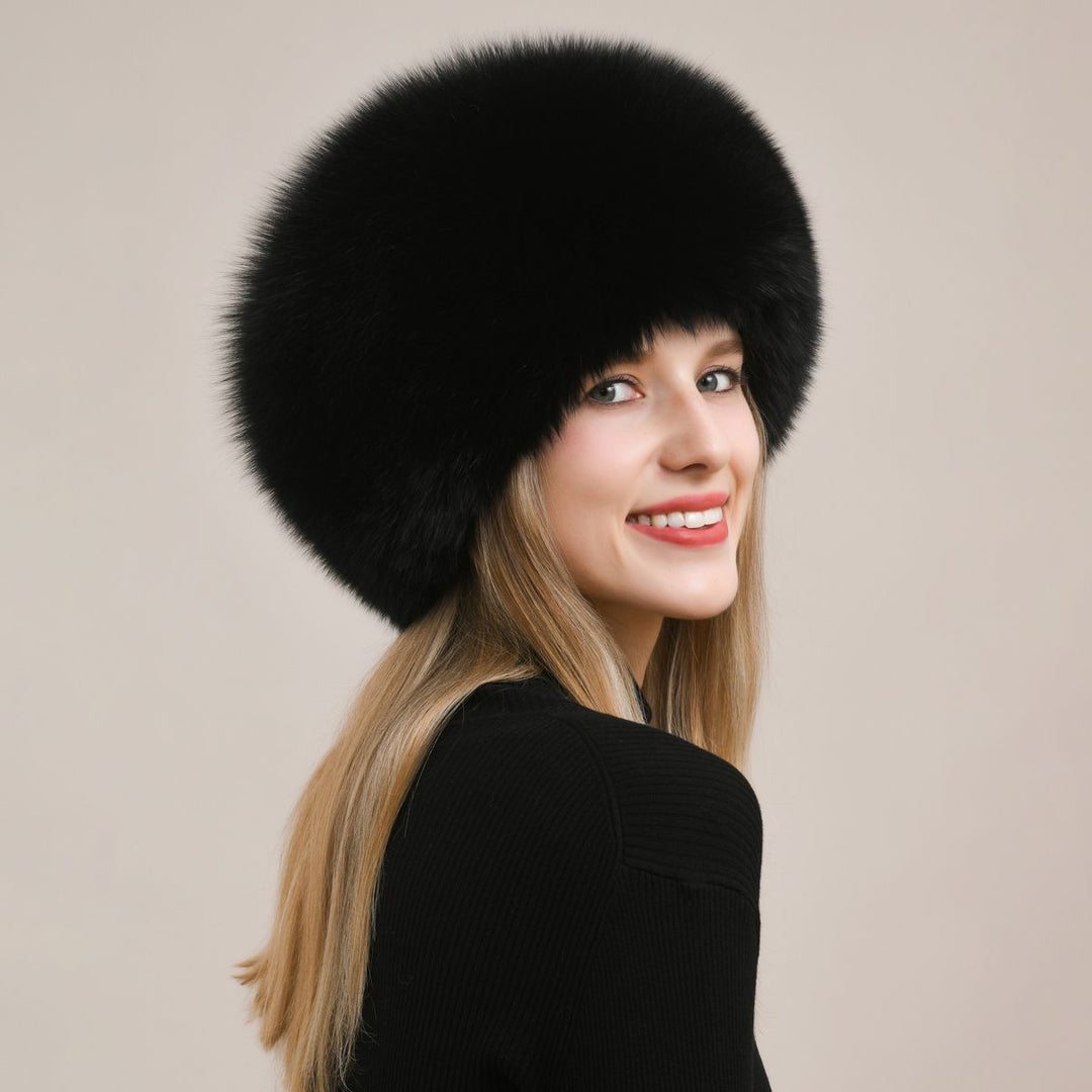 Womens Luxury Fox Fur Russian Hat Thickened Full-Pelt Winter Round Fur Hat