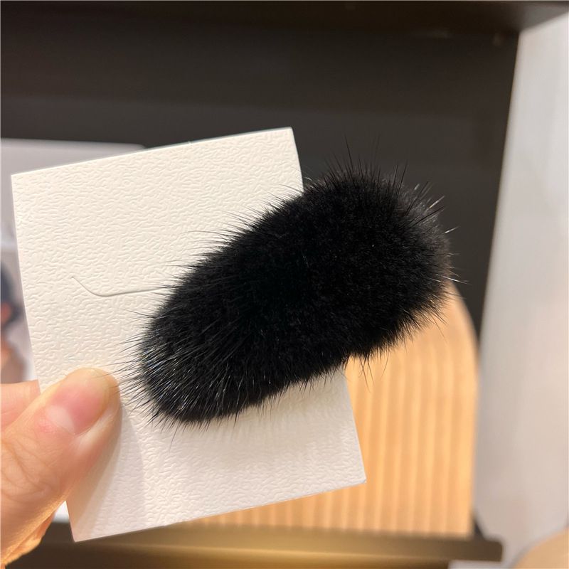 Mink Fur Hair Clip Soft Fluffy Oval Snap Hair Barrette