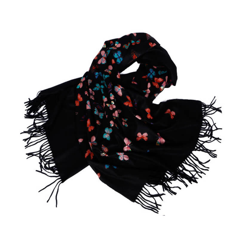 Women's 100% Cashmere Shawl Scarf with Colorful Butterfly Print and Fringes