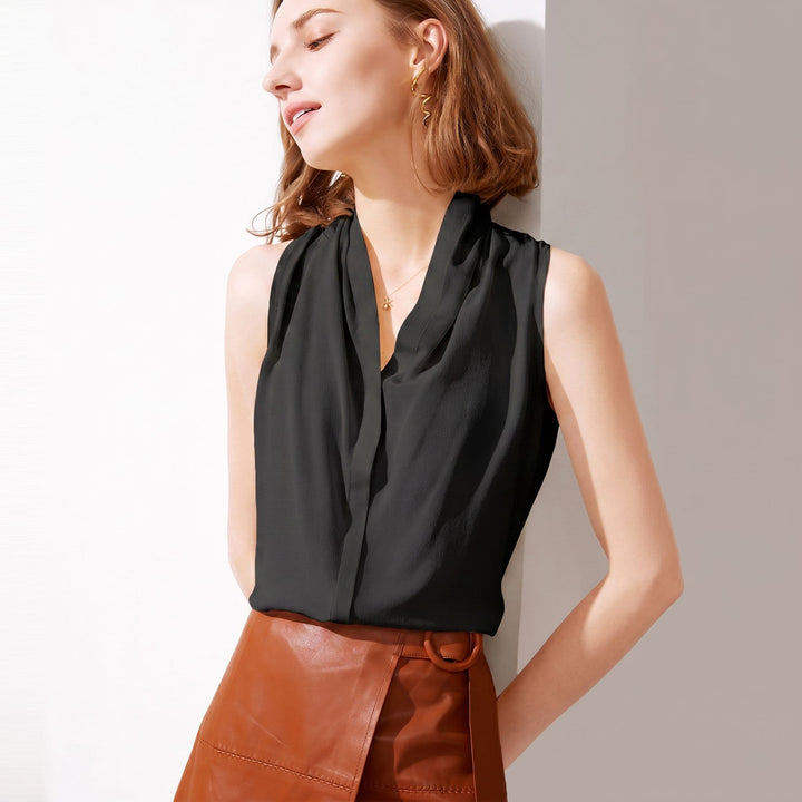 Women’s Sleeveless Draped V-Neck Mulberry Silk Blouse Top