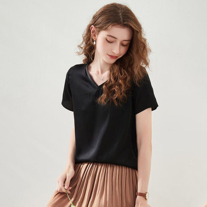 22 Momme Basic V-Neck Pure Mulberry Silk Short Sleeve T-Shirt