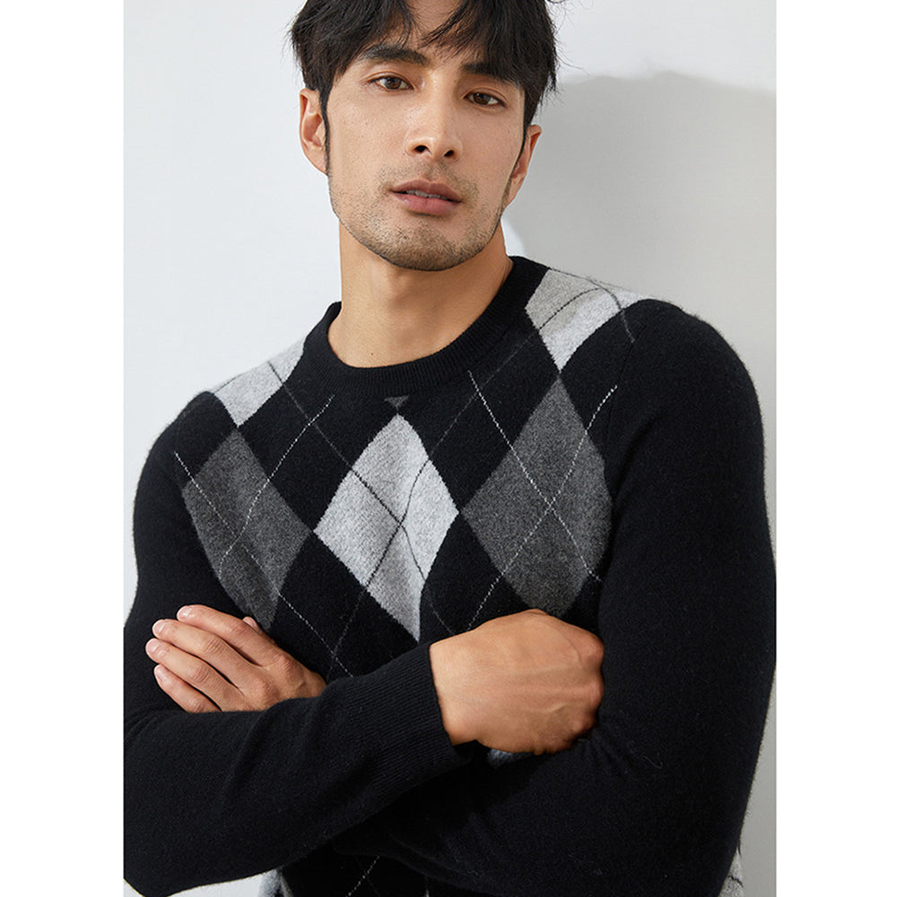 Men's Classic Argyle Knit 100% Cashmere Crewneck Pullover Sweater