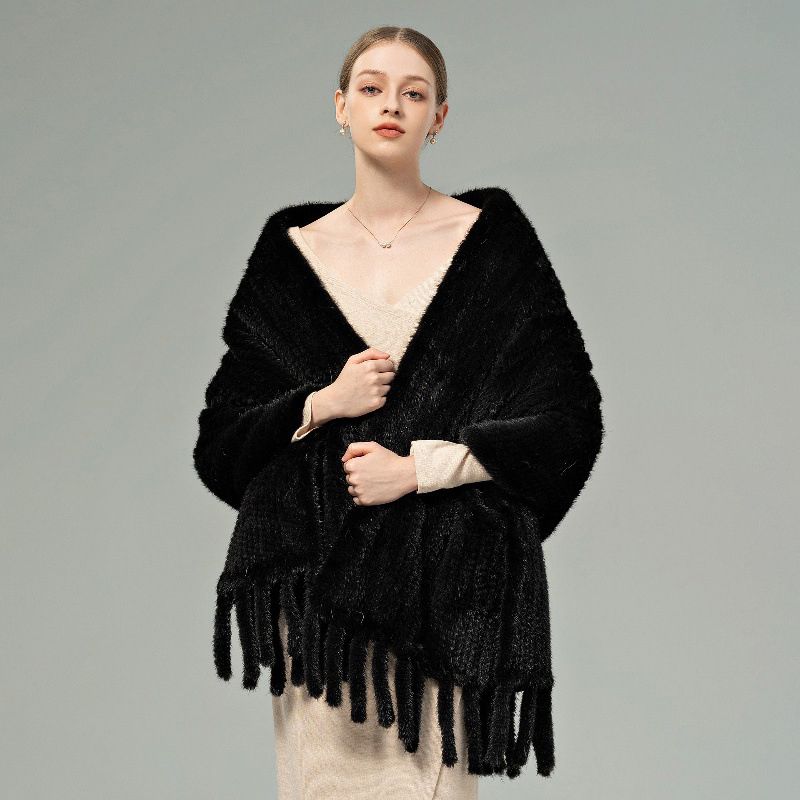 Genuine Mink Fur Shawl Wrap Elegant Fur Stole Cape Scarf with Fringe