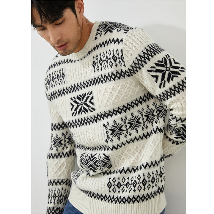 Men's Fair Isle Knit 100% Cashmere Sweater Black & White Patterned Crewneck Pullover