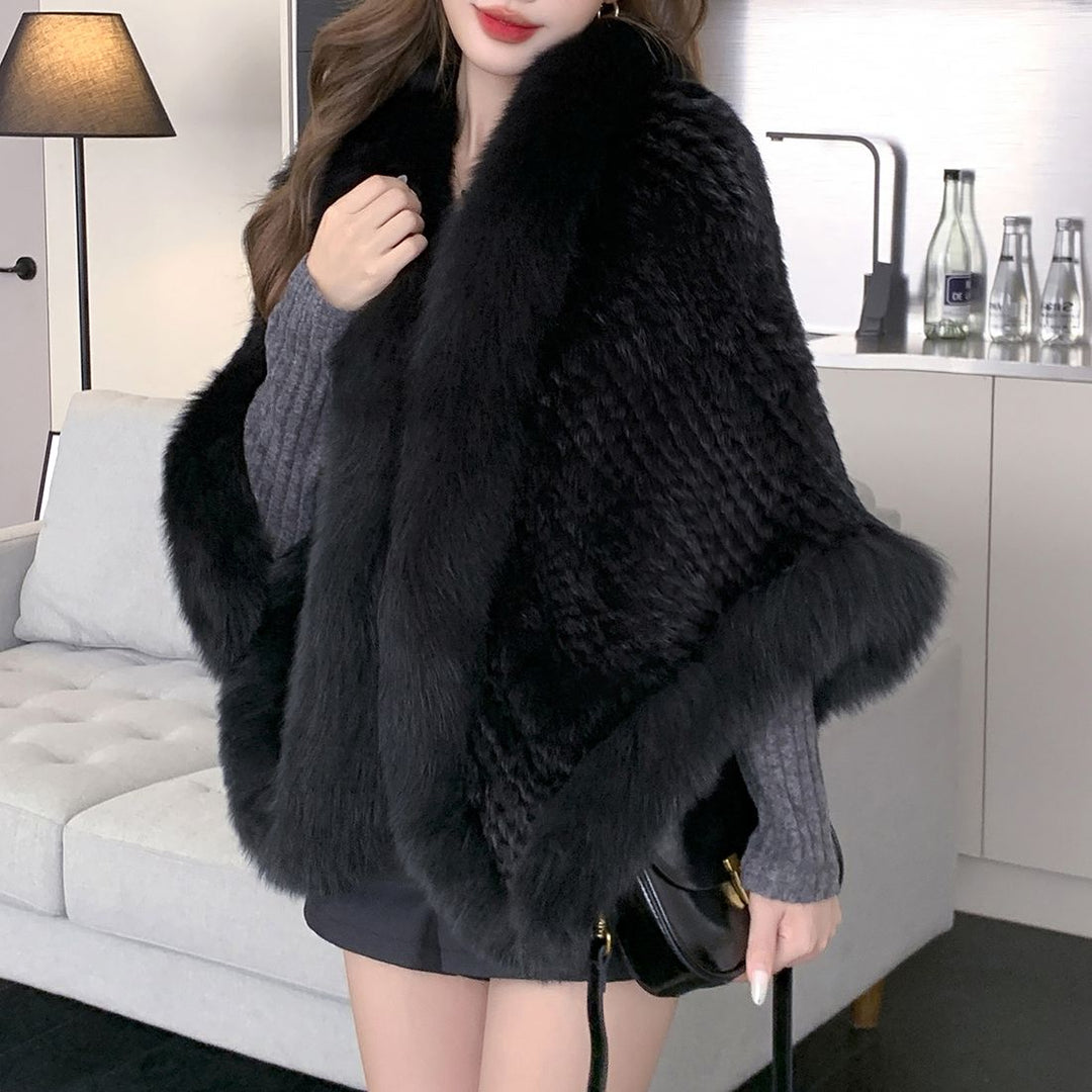 Women's Real Mink Fur Knitted Shawl Wrap with Pockets Fluffy Fox Fur Trimmed Cape