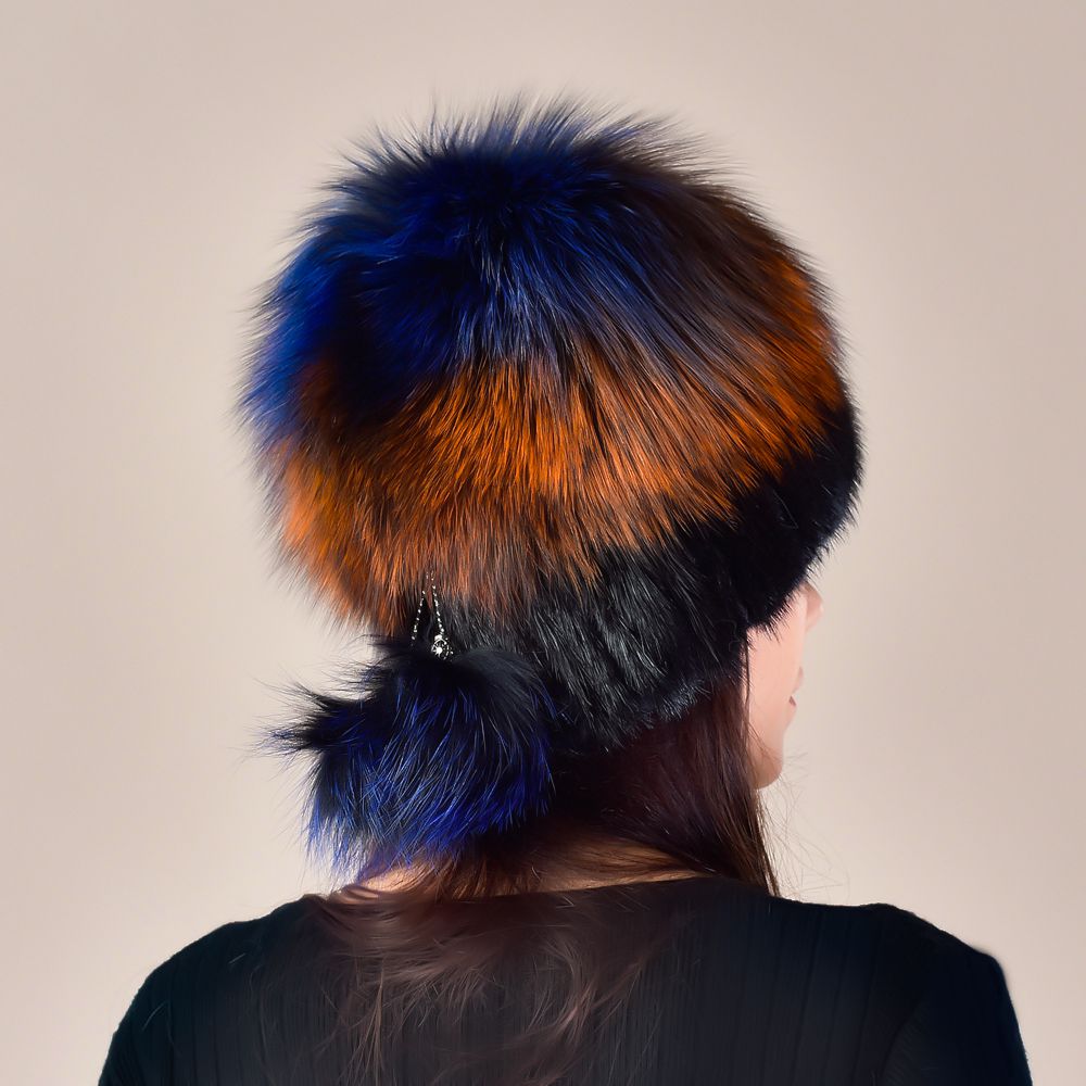 Mink Fur Knitted Winter Hat for Women with Multi-Colored Fluffy Fox Fur Crown and Pom-Poms