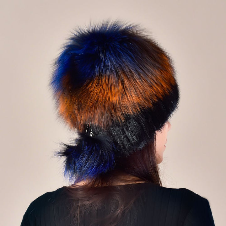 Mink Fur Knitted Winter Hat for Women with Multi-Colored Fluffy Fox Fur Crown and Pom-Poms