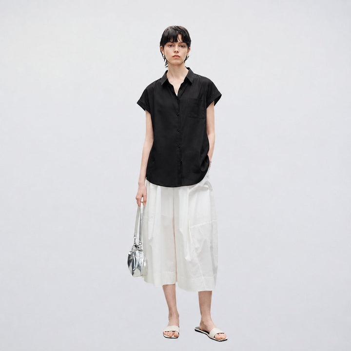 Relaxed Fit Luxury Mulberry Silk Cap Sleeve Shirt Blouse For Women