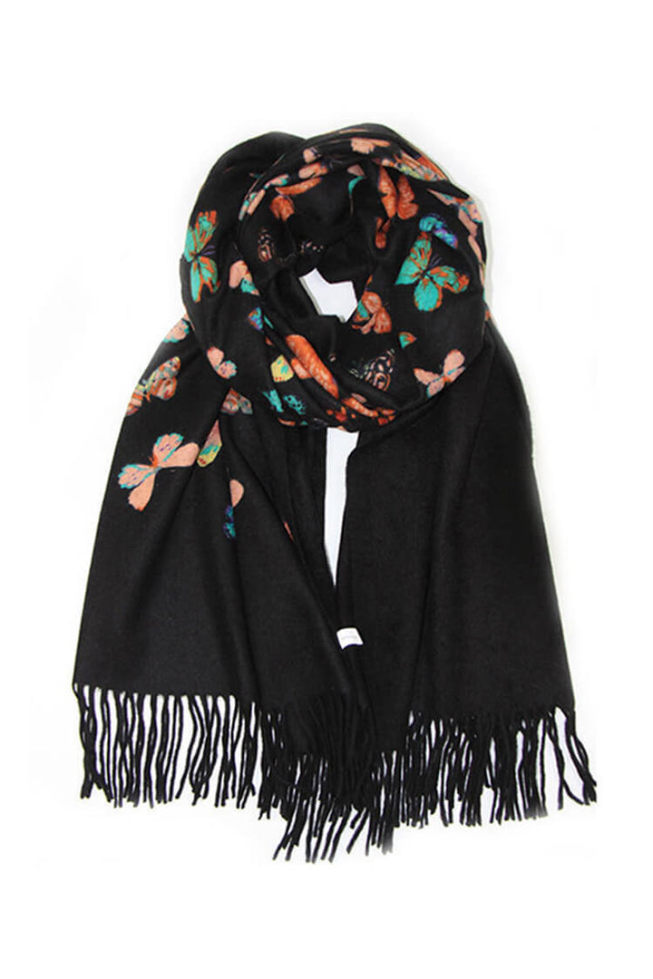Butterfly Print 100% Cashmere Wrap Scarf with Fringe