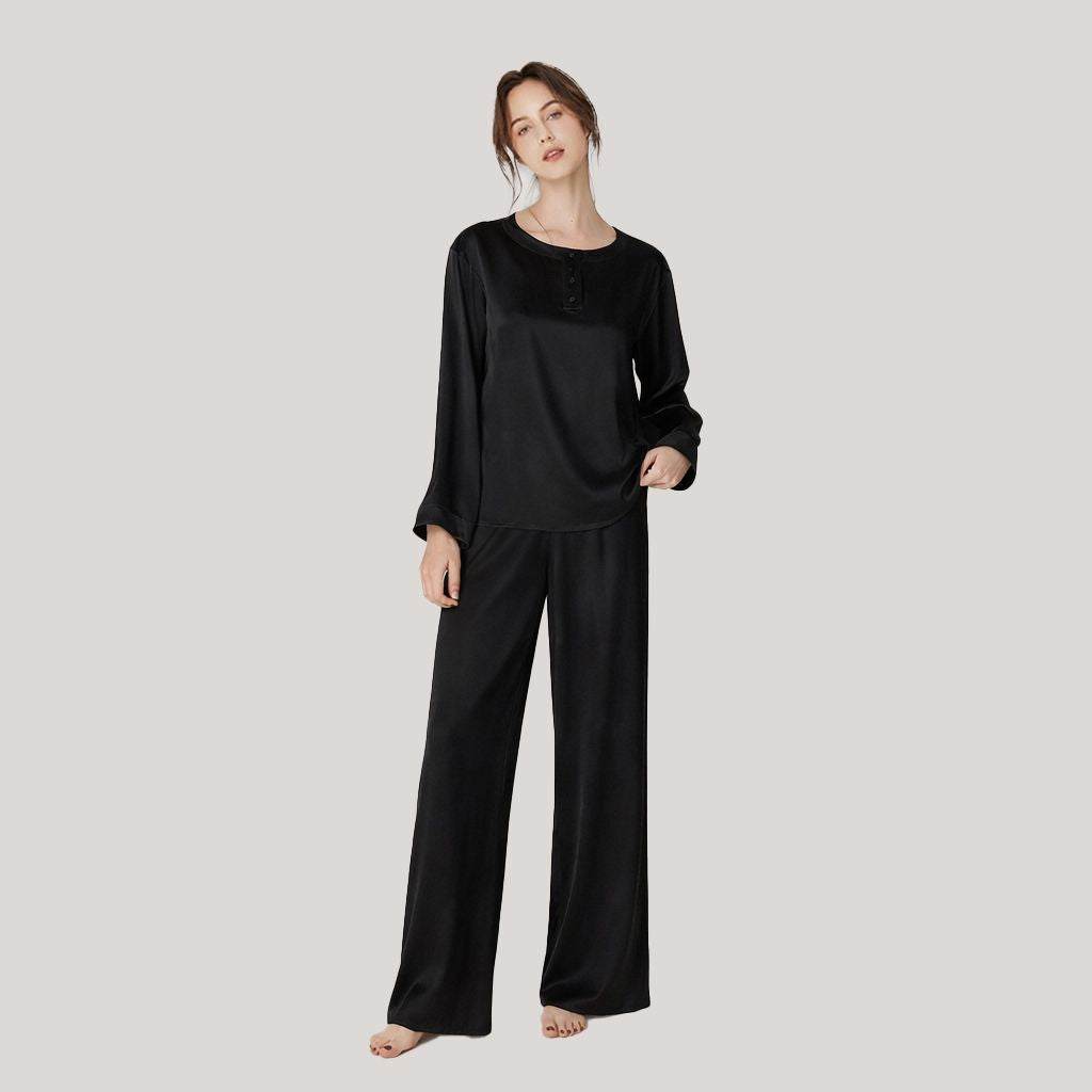 22 Momme Round Neck Long Sleeve Pullover Silk Pajama Set for Women