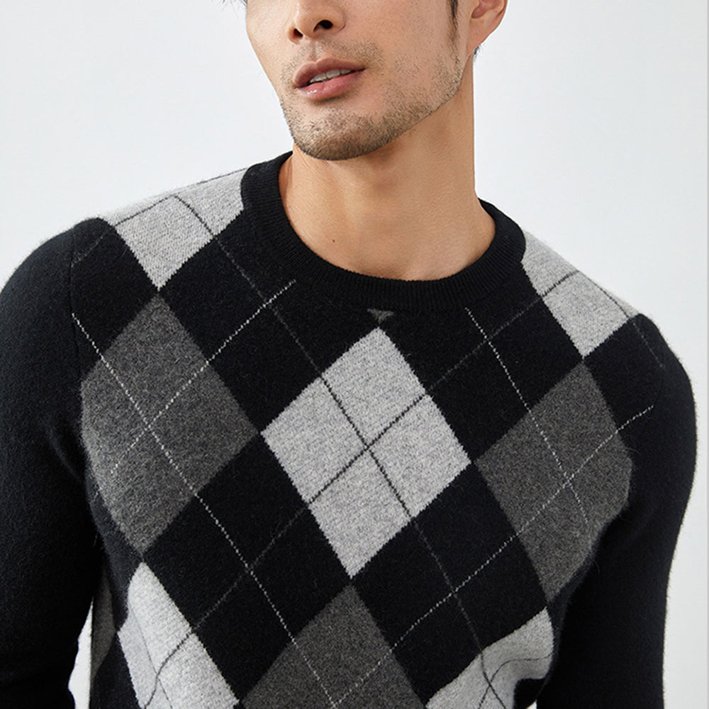 Men's Classic Argyle Knit 100% Cashmere Crewneck Pullover Sweater