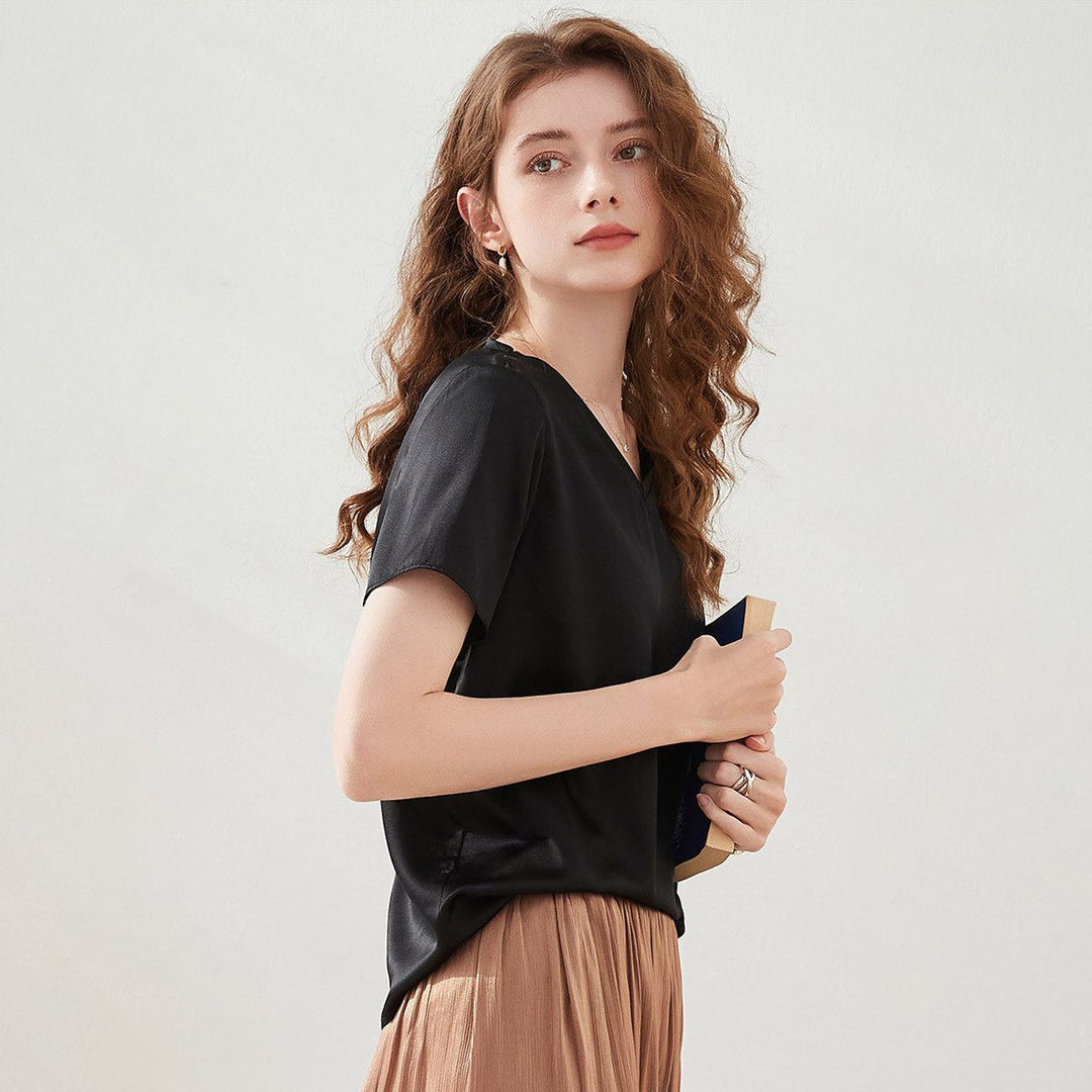22 Momme Basic V-Neck Pure Mulberry Silk Short Sleeve T-Shirt