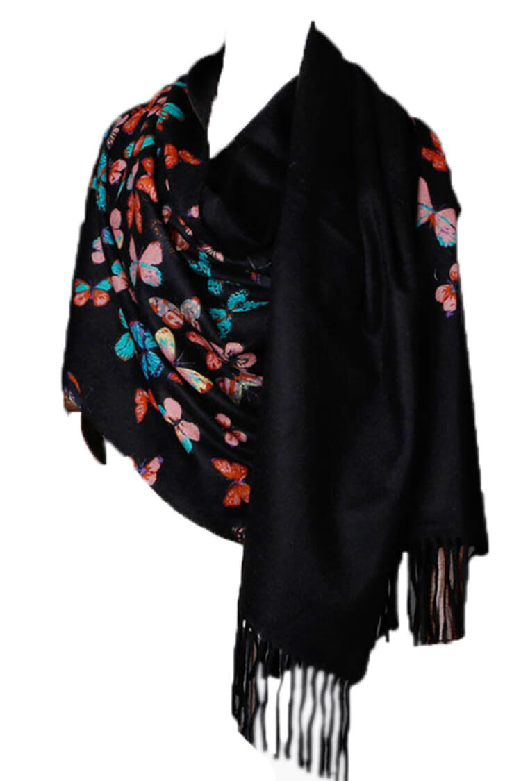 Butterfly Print 100% Cashmere Wrap Scarf with Fringe