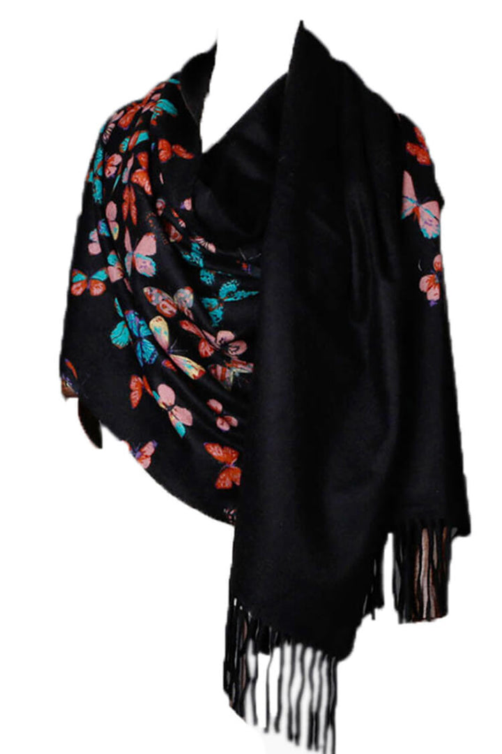 Butterfly Print 100% Cashmere Wrap Scarf with Fringe