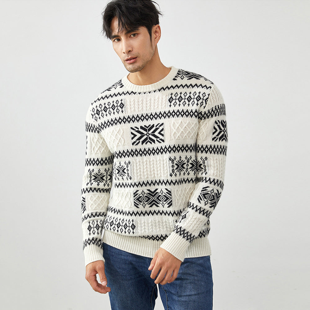 Men's Fair Isle Knit 100% Cashmere Sweater Black & White Patterned Crewneck Pullover