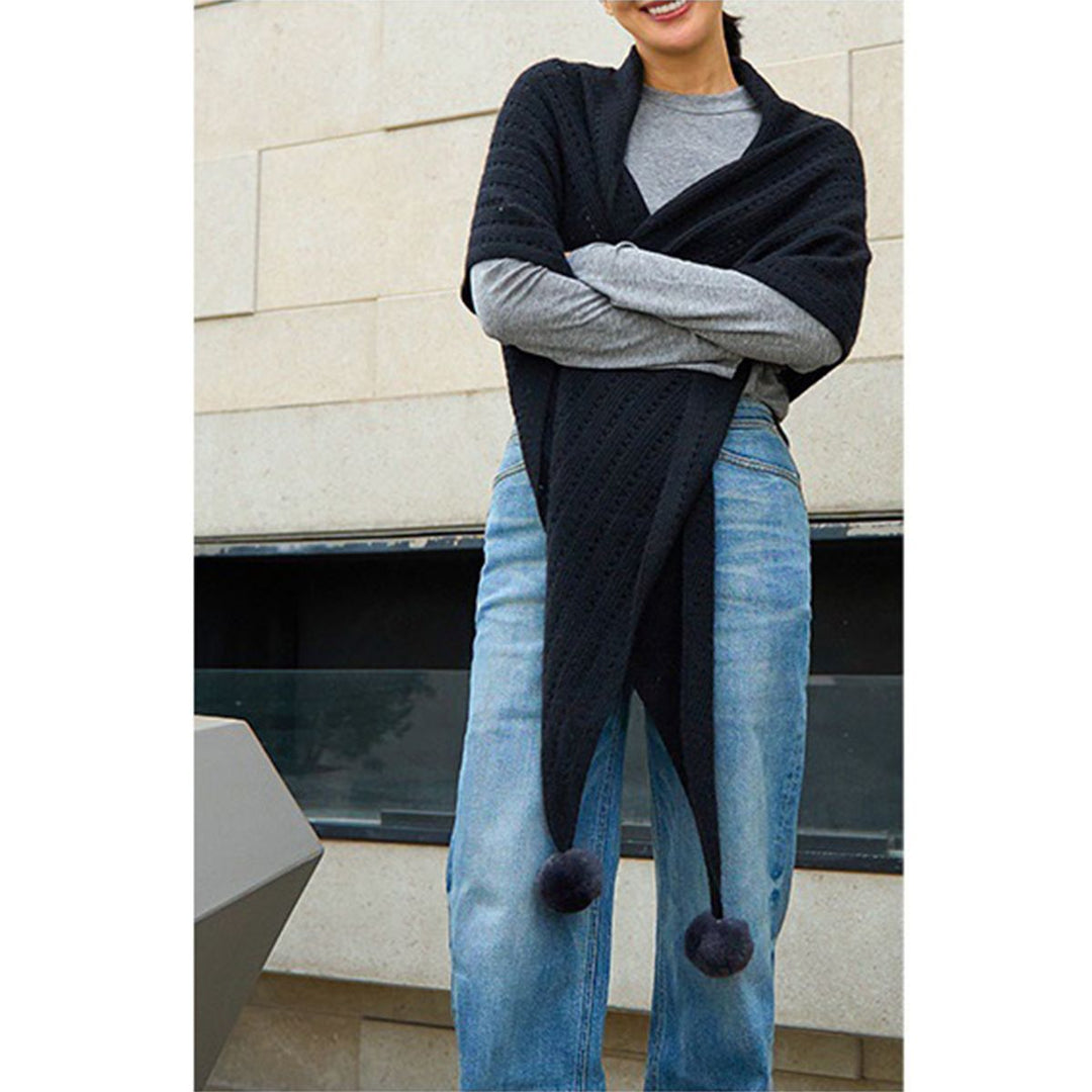 100% Pure Cashmere Pom-Pom Long Triangle Scarf Wrap
