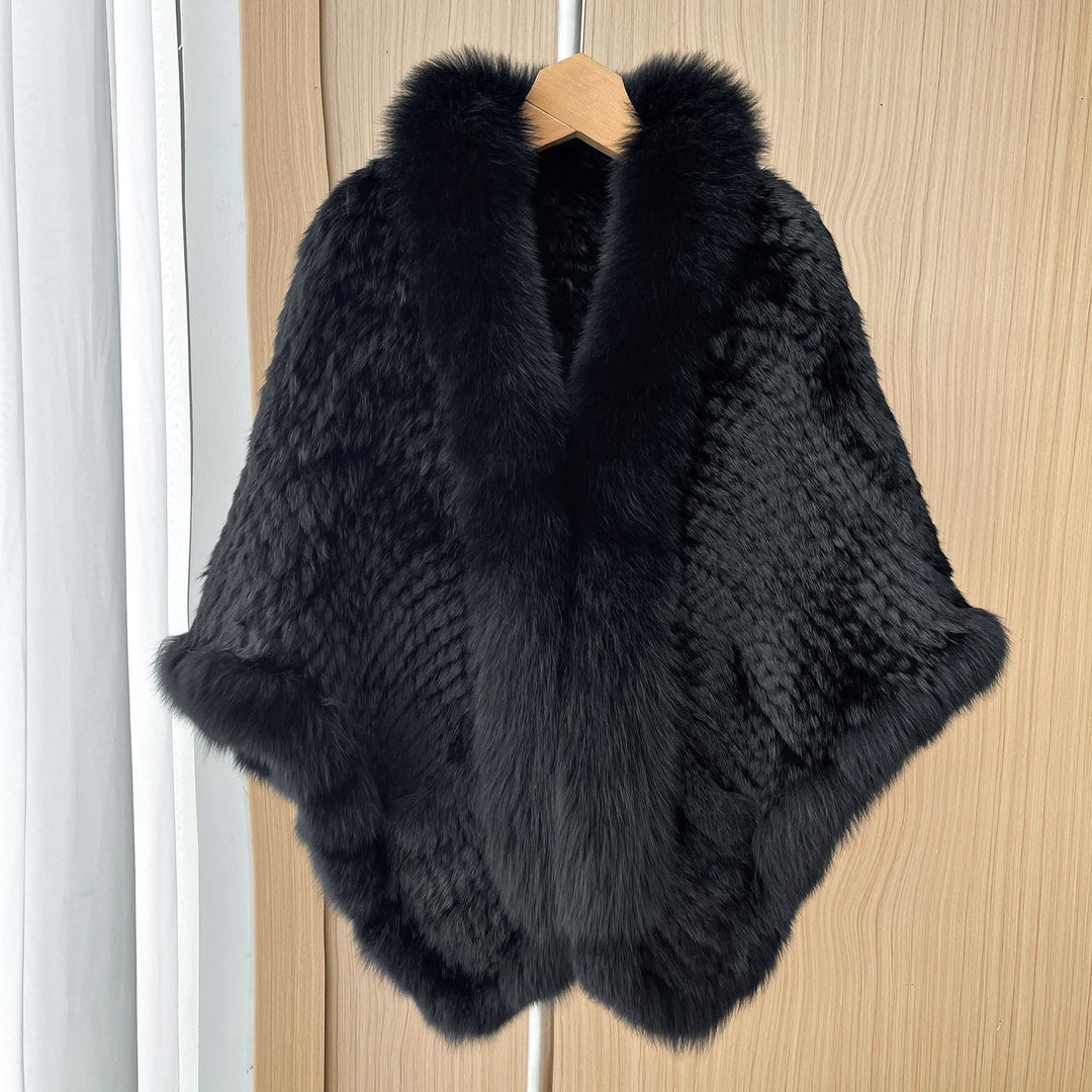 Women's Real Mink Fur Knitted Shawl Wrap with Pockets Fluffy Fox Fur Trimmed Cape