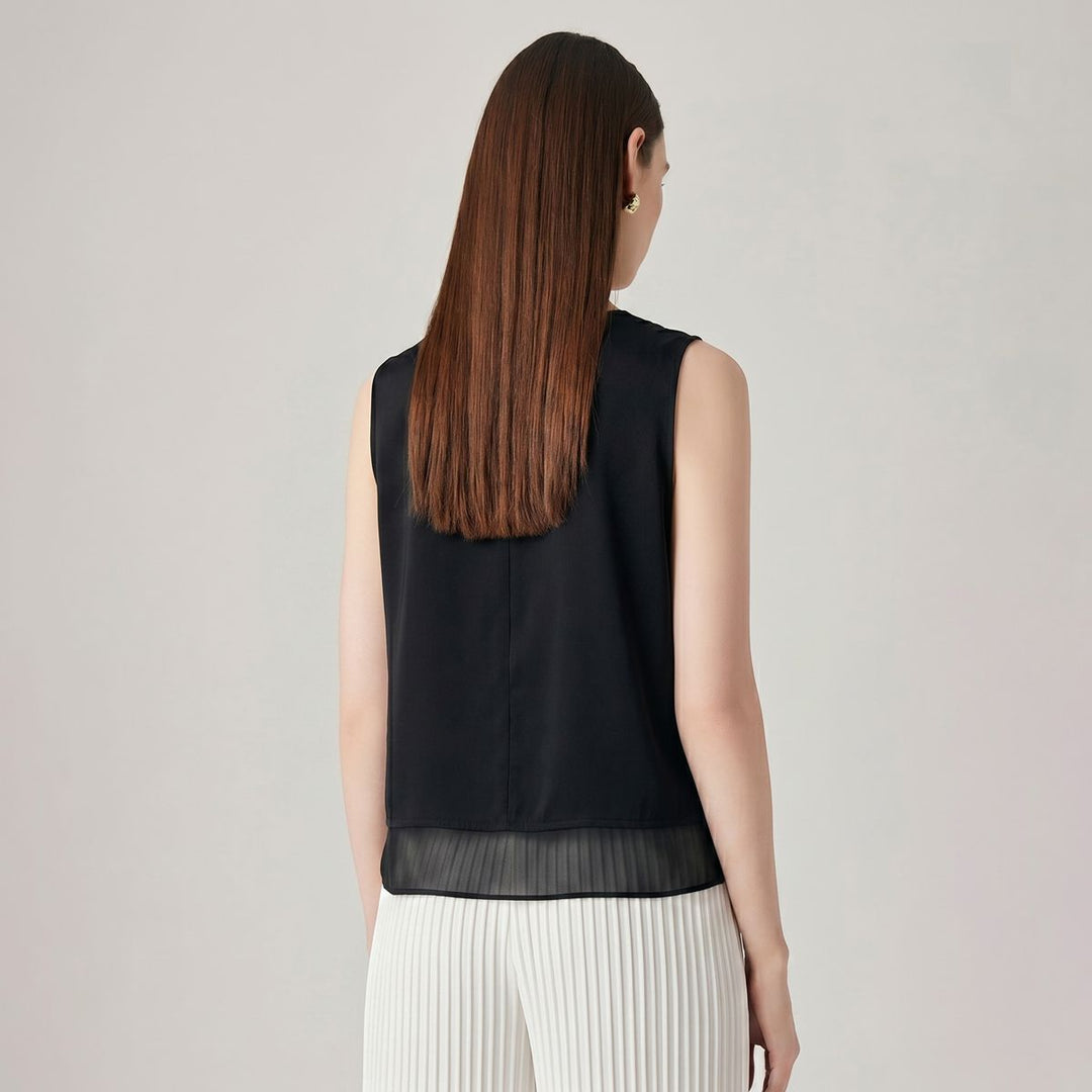 Pure Mulberry Silk Tank Top with Sheer Patchwork Hem Elegant Sleeveless Silk Shell Blouse