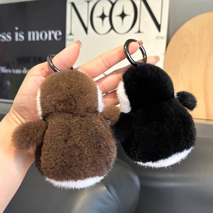 Luxury Real Mink Fur Penguin Keychain Premium Fluffy Animal Bag Charm Car Key Ring Accessory