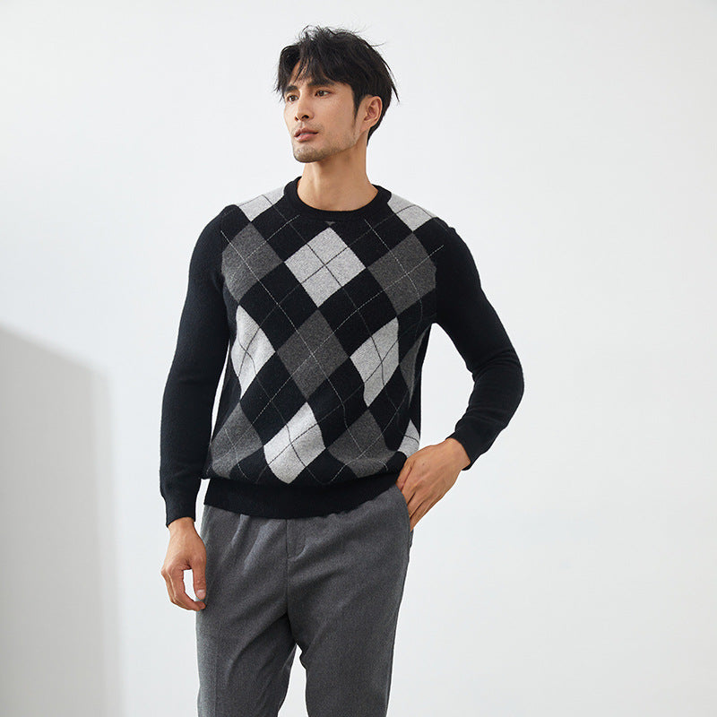 Men's Classic Argyle Knit 100% Cashmere Crewneck Pullover Sweater