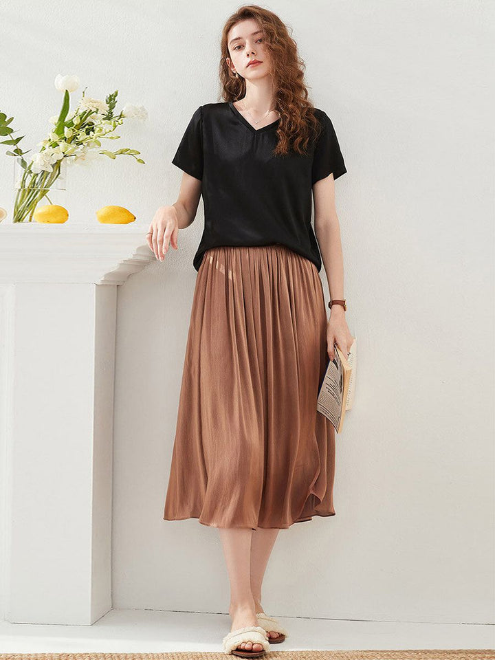 22 Momme Basic V-Neck Pure Mulberry Silk Short Sleeve T-Shirt