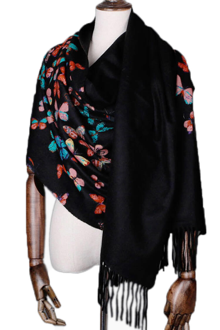 Butterfly Print 100% Cashmere Wrap Scarf with Fringe