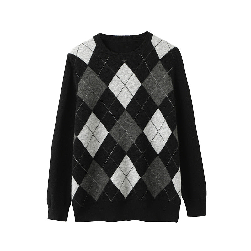 Men's Classic Argyle Knit 100% Cashmere Crewneck Pullover Sweater