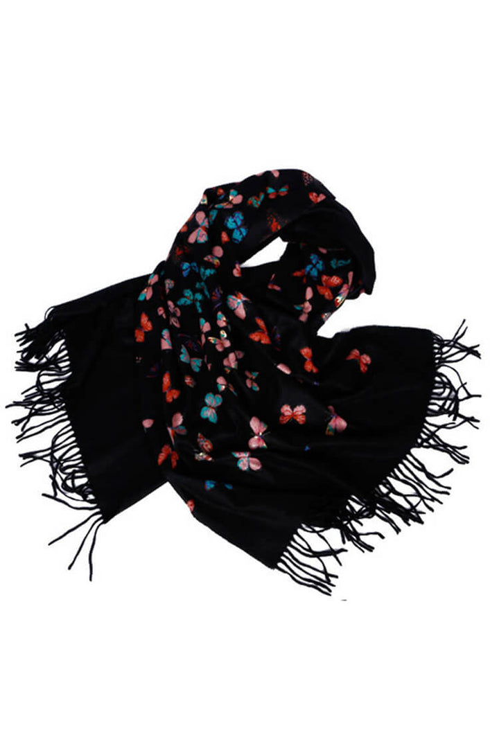 Butterfly Print 100% Cashmere Wrap Scarf with Fringe