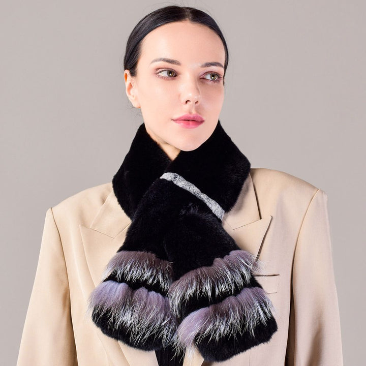 Soft Rabbit Fur Scarf with Fox Fur Trim Fashionable Two-Tone Women Winter Scarf