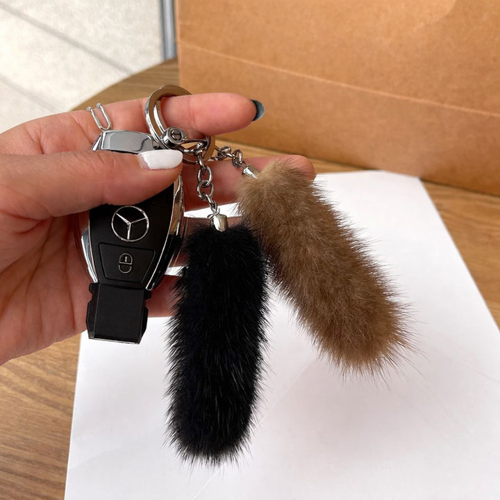 Real Mink Fur Mini Tail Car Keychain for Men and Women Simple Fluffy Bag Charm
