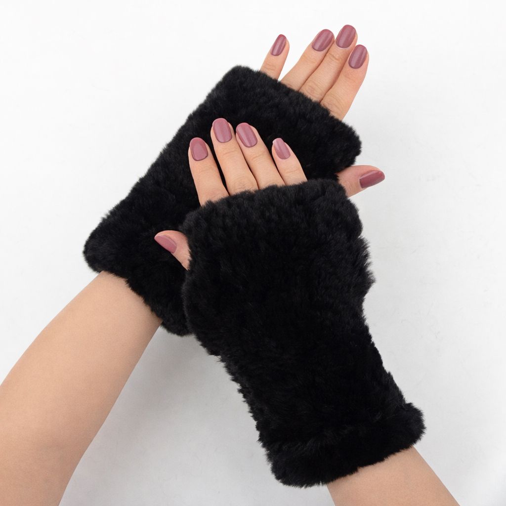 Women’s Real Rabbit Fur Fingerless Gloves Soft Plush Winter Knitted Mittens