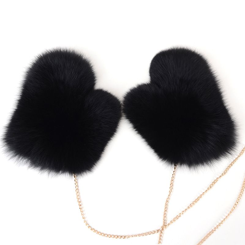 Luxury Real Fox Fur Mittens with Chain Strap Warm Winter Leather Fur Gloves for Women