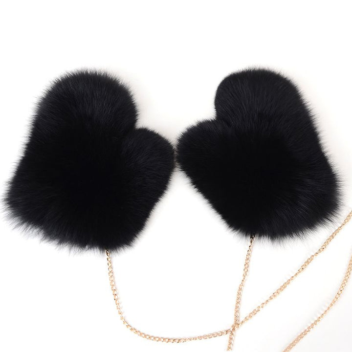 Luxury Real Fox Fur Mittens with Chain Strap Warm Winter Leather Fur Gloves for Women