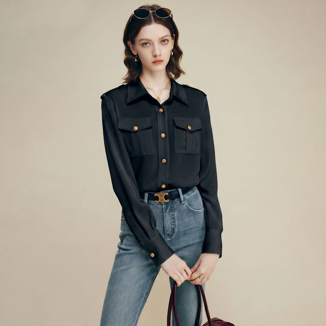 30 Momme Women’s Silk Crepe Utility Shirt with Flap Pockets
