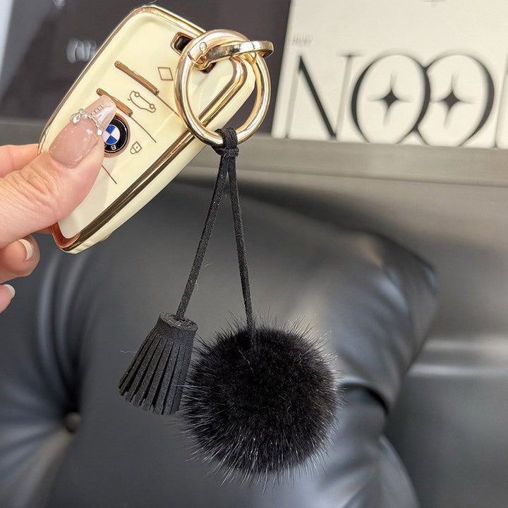 Real Mink Fur Pom Pom Tassel Keychain Fluffy Bag Charm Leather Key Ring
