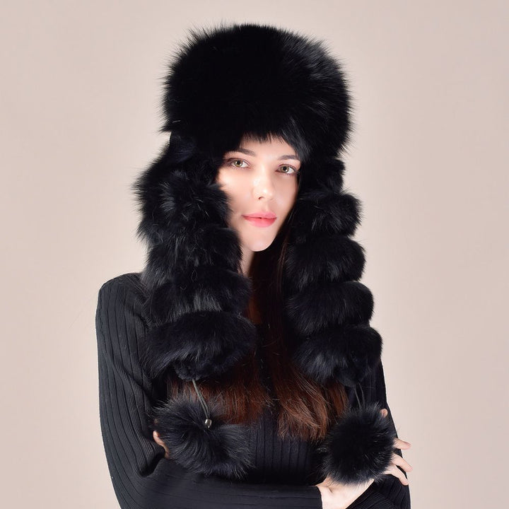 Large Fox Fur Trapper Hat Women's Winter Cold Weather Warm Pom-Pom Fur Hat