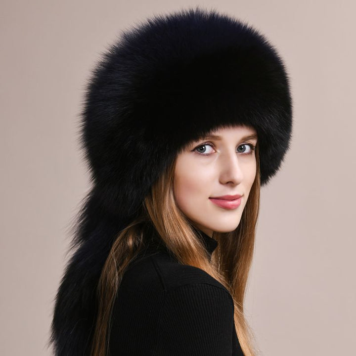 Soft Real Fox Fur Hat with Elegant Tails Women's Winter Fashion Cozy Full-Pelt Fur Beanie for Cold Weather