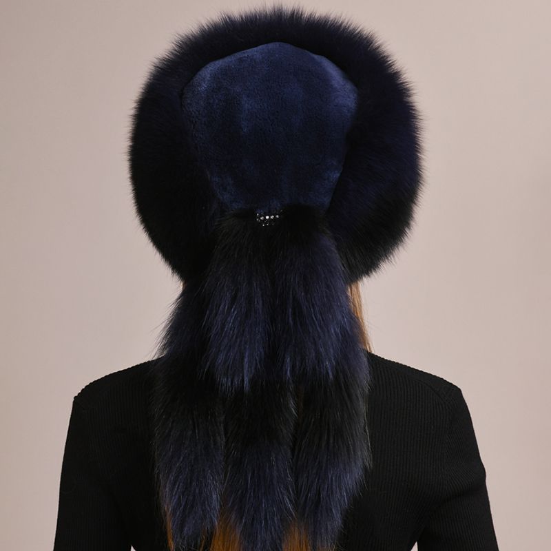 Soft Real Fox Fur Hat with Elegant Tails Women's Winter Fashion Cozy Full-Pelt Fur Beanie for Cold Weather