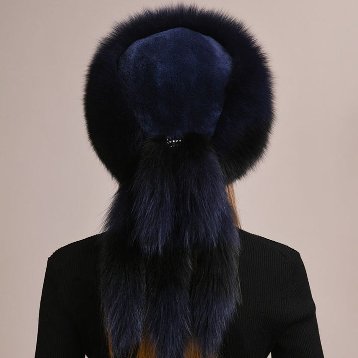 Soft Real Fox Fur Hat with Elegant Tails Women's Winter Fashion Cozy Full-Pelt Fur Beanie for Cold Weather