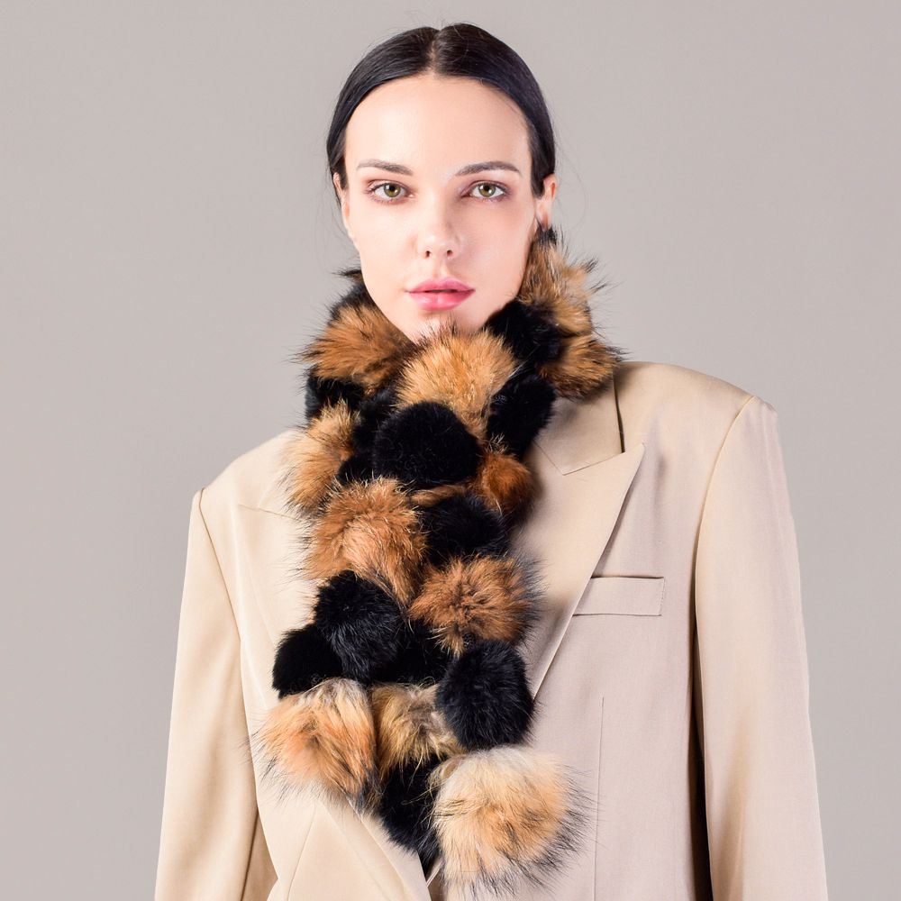 Pom-Pom Rabbit Fur Mixed Fox Fur Scarf Winter Luxury Accessory