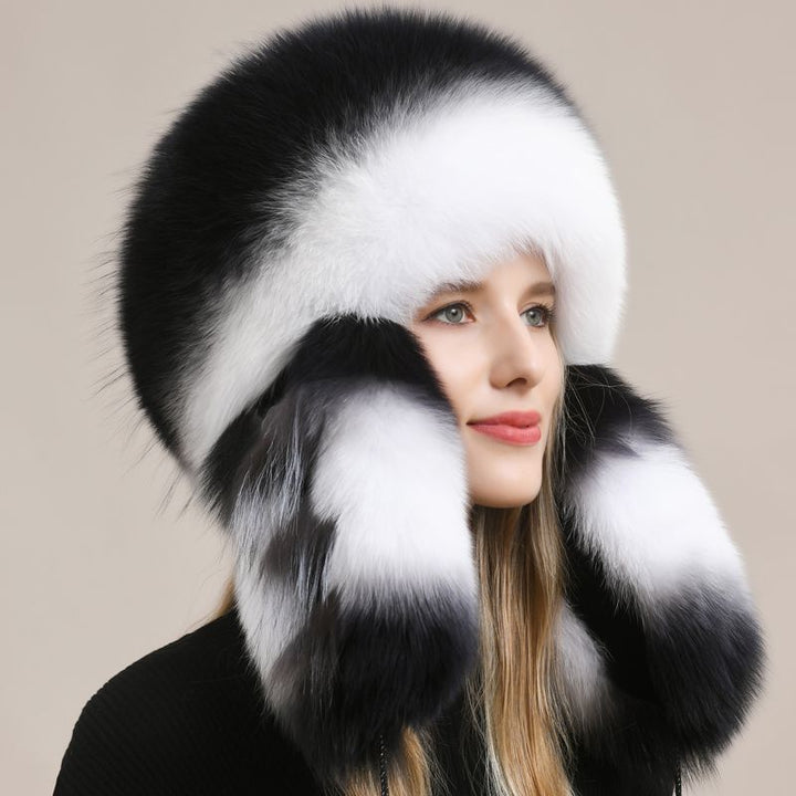 Luxury Oversized Two-Tone Real Fox Fur Pom Pom Hat Women Winter Warm Ushanka