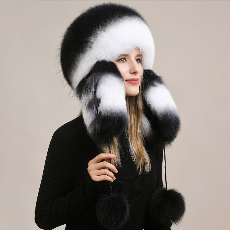 Luxury Oversized Two-Tone Real Fox Fur Pom Pom Hat Women Winter Warm Ushanka