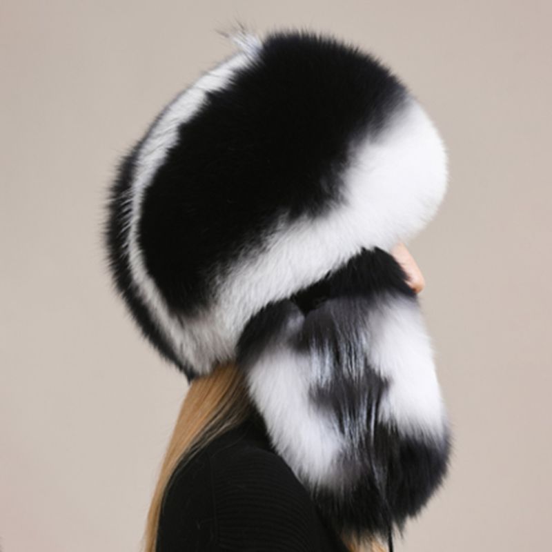 Luxury Oversized Two-Tone Real Fox Fur Pom Pom Hat Women Winter Warm Ushanka