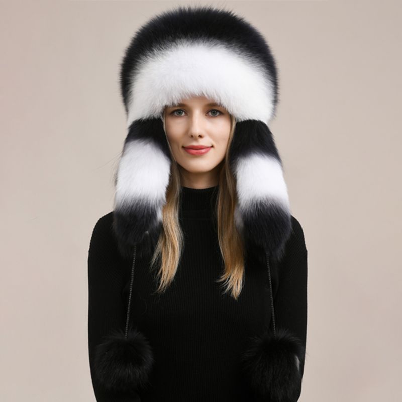 Luxury Oversized Two-Tone Real Fox Fur Pom Pom Hat Women Winter Warm Ushanka