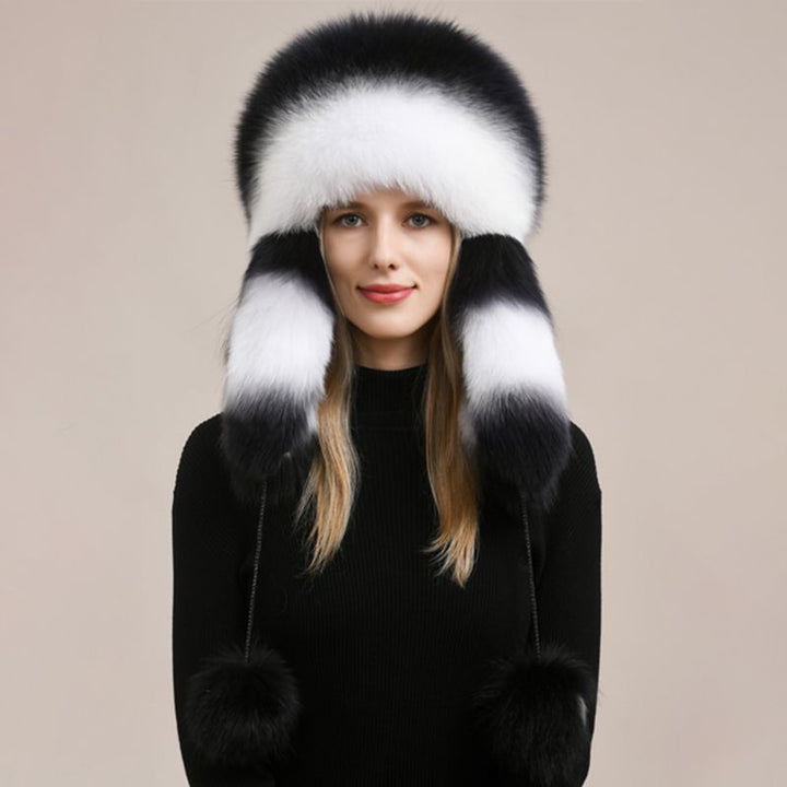 Luxury Oversized Two-Tone Real Fox Fur Pom Pom Hat Women Winter Warm Ushanka