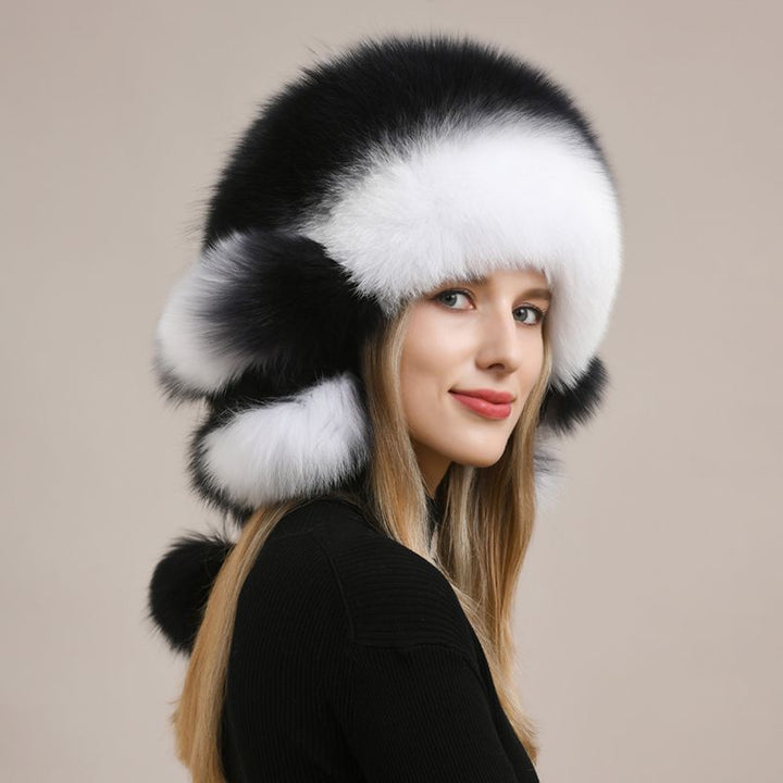 Luxury Oversized Two-Tone Real Fox Fur Pom Pom Hat Women Winter Warm Ushanka